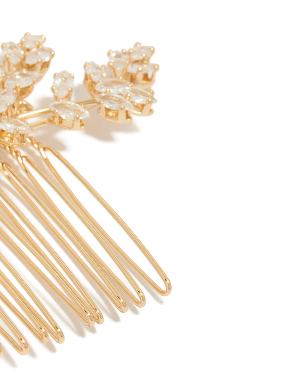 Elegantly designed Gold Dainty Petal Comb with floral and leaf accents detail view
