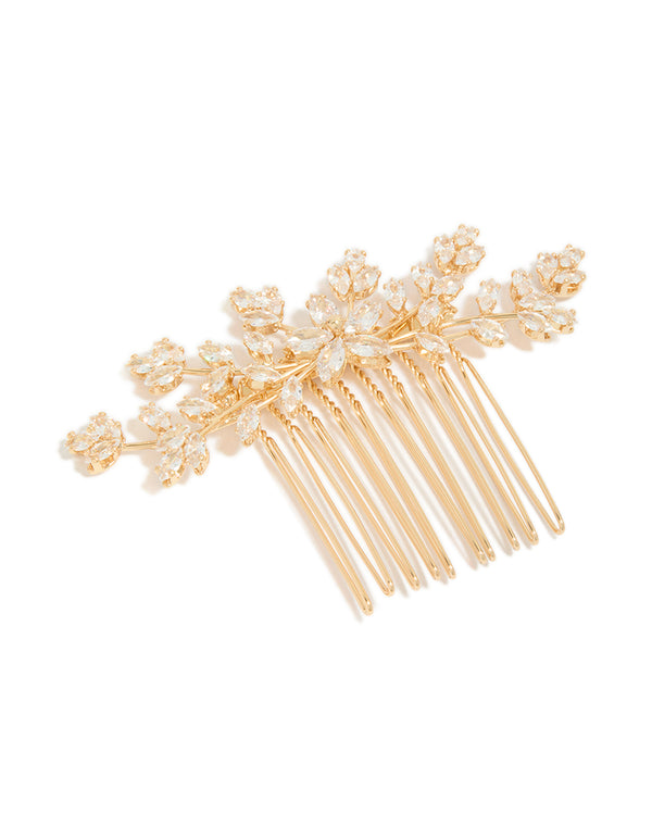 Discover the Gold Dainty Petal Comb featuring floral and leaf details front view