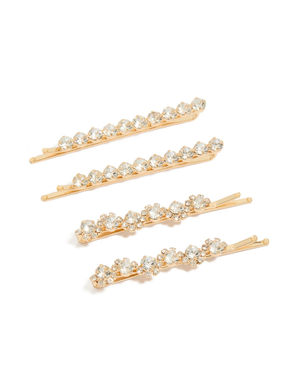 Showcasing gold diamante hair clips in a 4-pack set front view