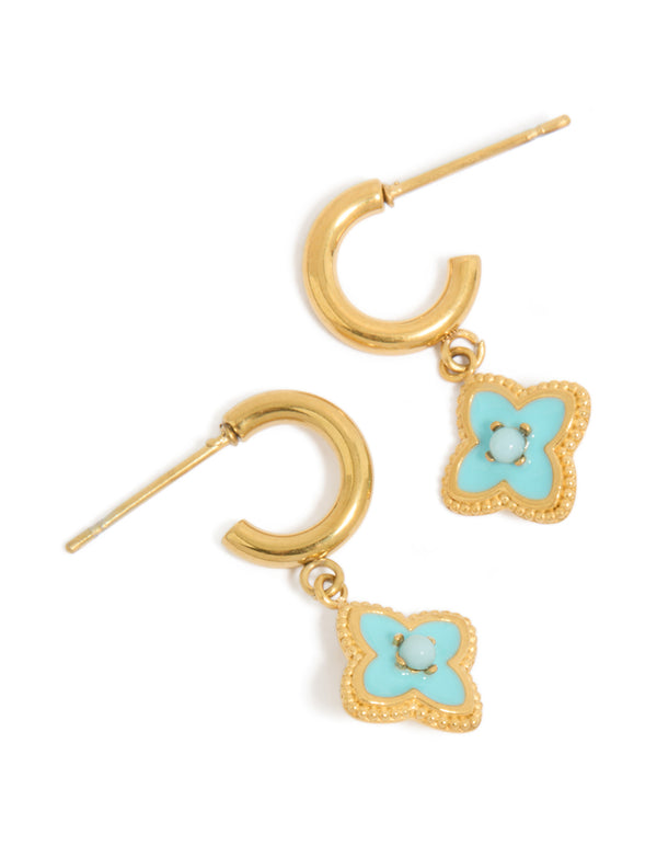 Tweens Gold Plated Stainless Steel Blue Enamel Flower Open Hoop Earrings