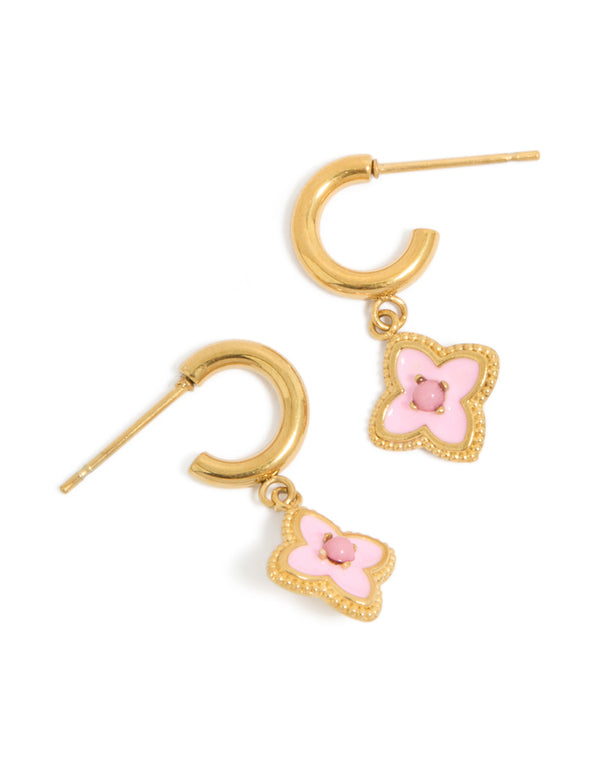 Showcasing floral charm hoop earrings crafted from gold plated stainless steel with pink enamel petal accents front view