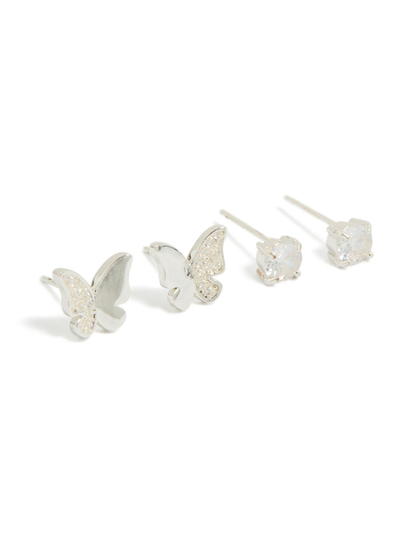 Charming stainless steel butterfly stud earrings with glitter accents, cubic zirconia stones, waterproof 2-pack in silver and clear stone front view