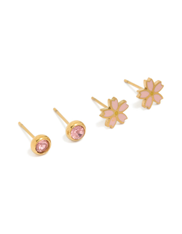 Tweens Gold Plated Stainless Steel Pink Diamante & Flower Earrings 2-Pack