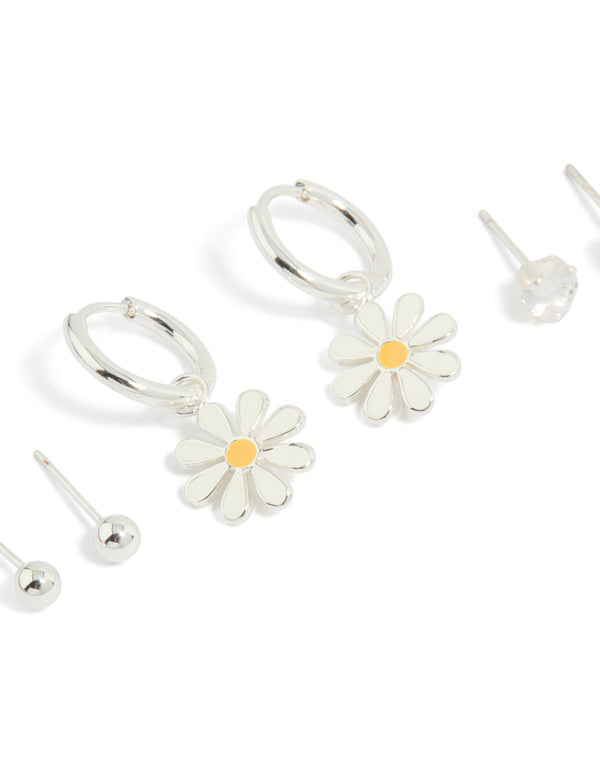 Tweens Stainless Steel Heart & Daisy Stacking Earrings 3-Pack