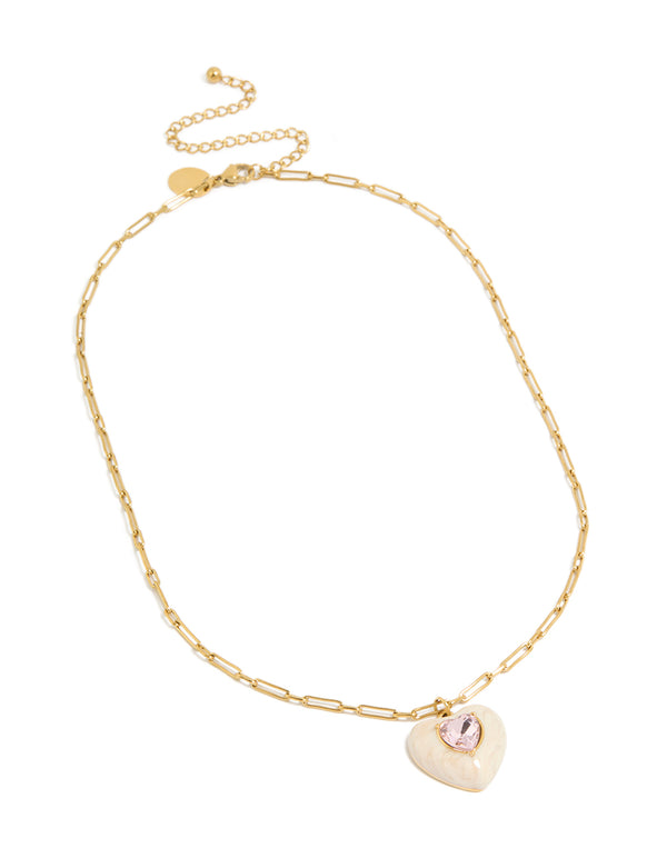 Tweens Gold Plated Stainless Steel Statement Cream Enamel Heart Necklace