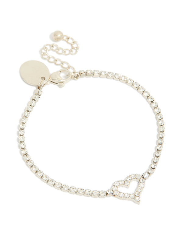 Showcasing a charm heart statement bracelet crafted from stainless steel featuring cubic zirconia in silver and white front view