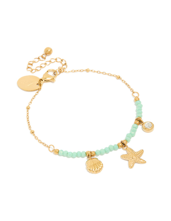 Tweens Gold Plated Stainless Steel Sea Motif Charm Beaded Bracelet