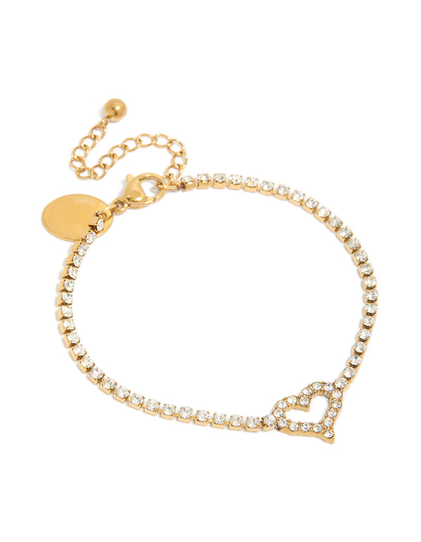 Showcasing a tweens heart station bracelet in gold plated stainless steel with cubic zirconia, dainty style front view