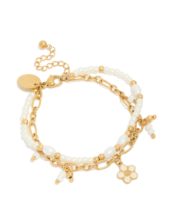 Tweens Gold Plated Stainless Steel Pearl & Flower Charm Layered Bracelet