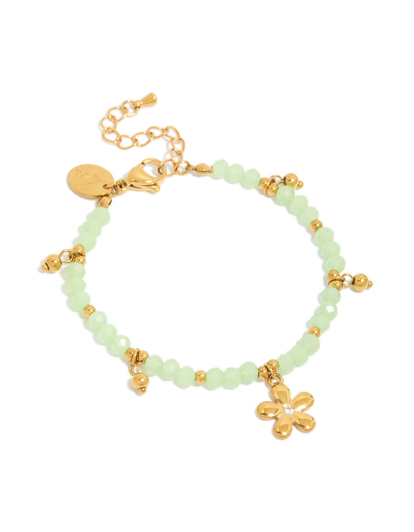 Tweens Gold Plated Stainless Steel & Green Facet Beaded Flower Charm Bracelet
