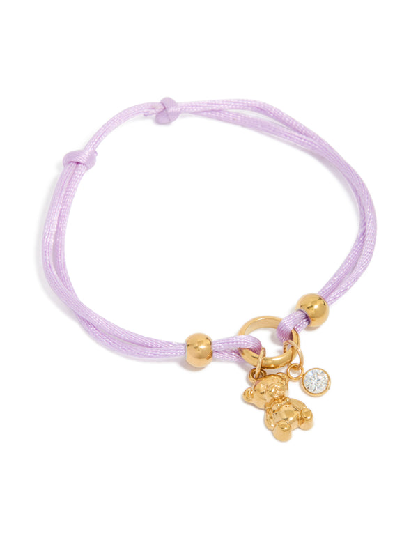 Tweens Gold Plated Stainless Steel Lilac Cord Bear & Cubic Zirconia Toggle Bracelet