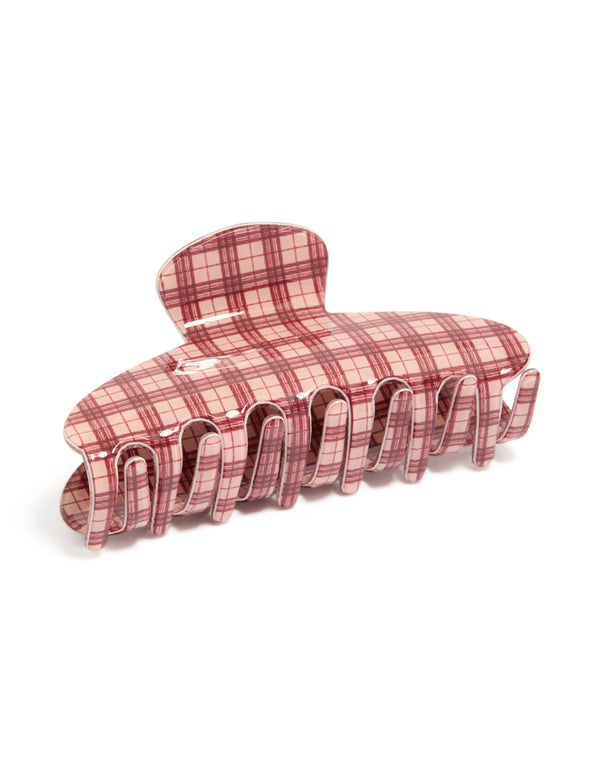 Showcasing a tweens pink and red checkered acrylic arch claw clip in lightpink maroon front view