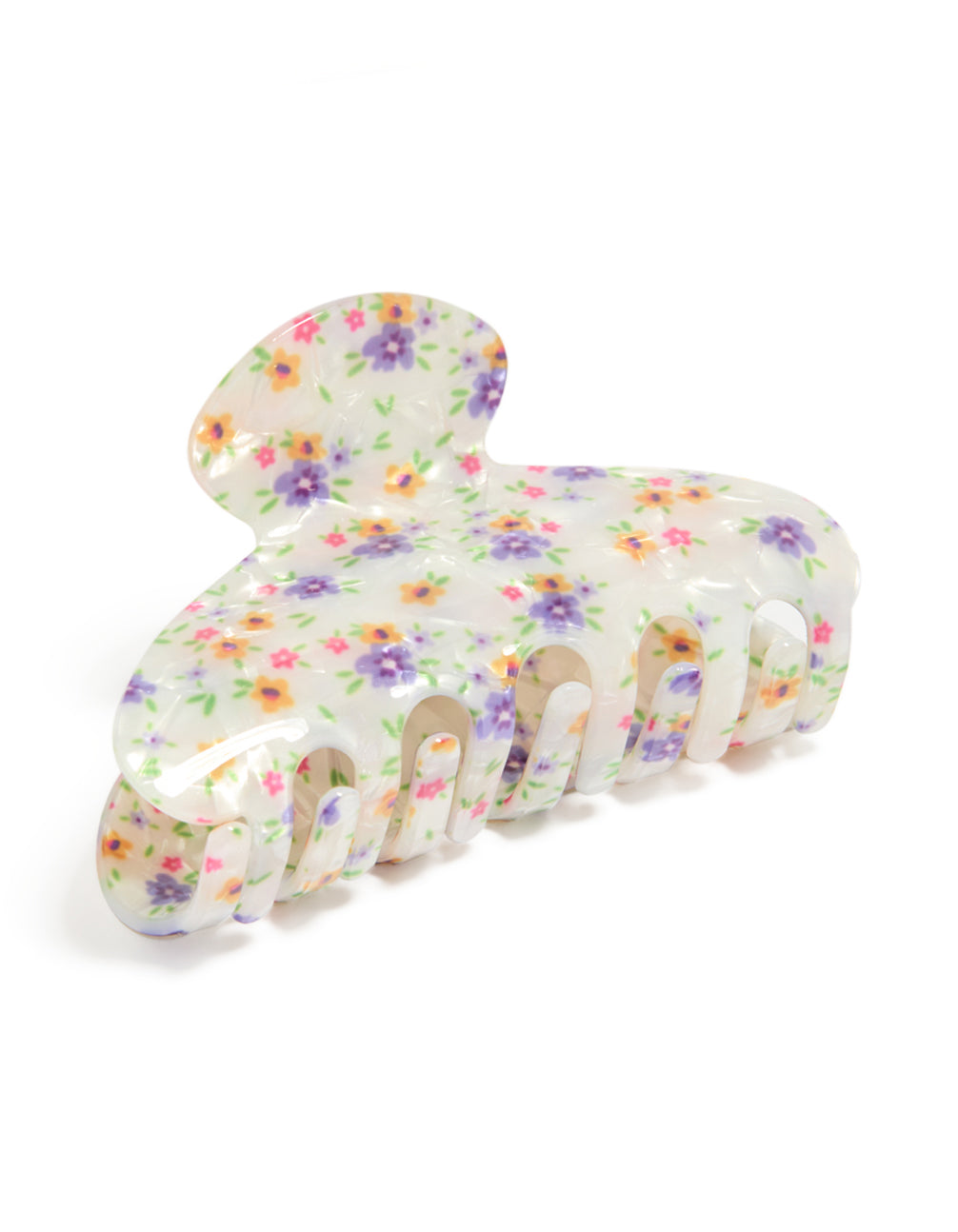 Showcase an acrylic claw clip featuring floral and leaf elements with marble pattern in ivory, plum, peachpuff, and palegreen side view