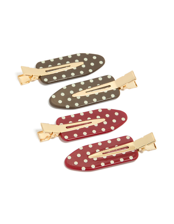 Showcasing tweens brown and red acrylic spotted creaseless clips pack with polkadot print in maroon, sienna, gold, white accessories front view