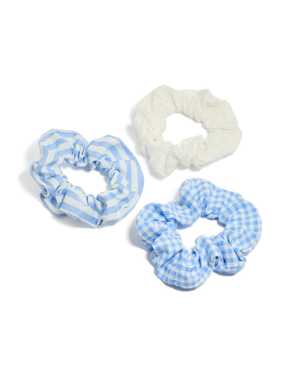 Tweens Blue White Gingham & Stripe Scrunchies 3-Pack