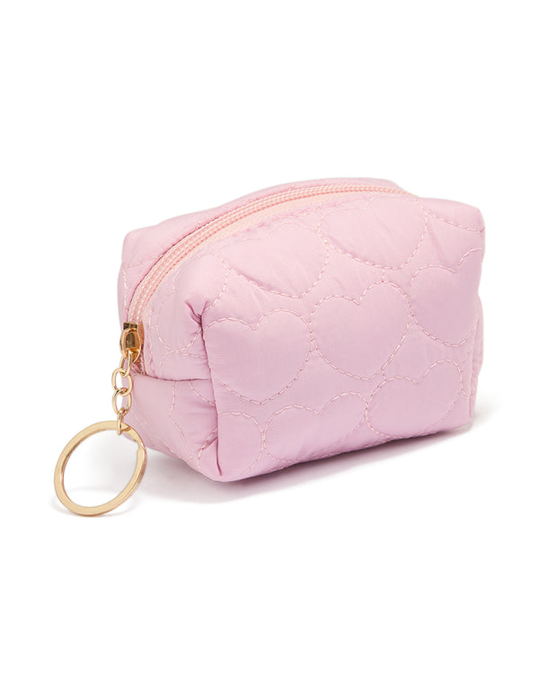 Tweens Puffy Pink Quilted Fabric Heart Zip Purse