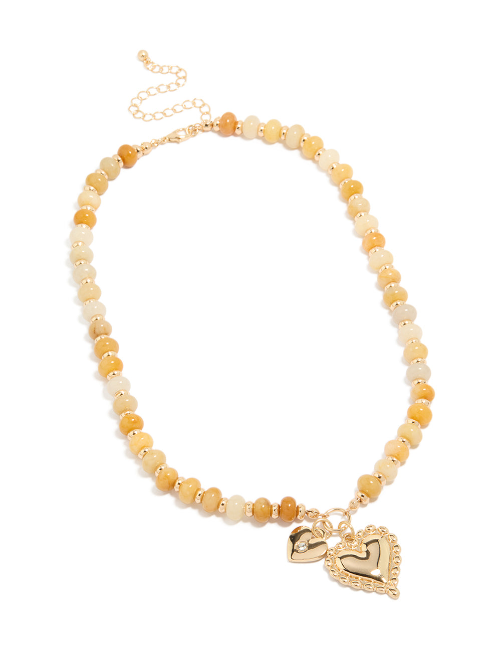Featuring a gold semi precious stone beaded duo heart necklace with charm feature front view