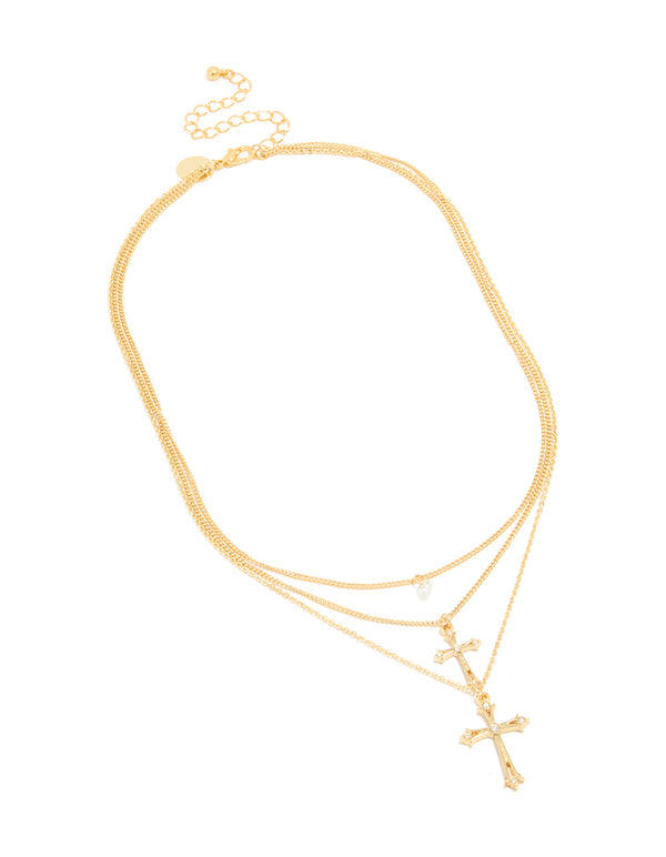 Explore this gold plated cubic zirconia and cross charms layered necklace with crystal pearl details front view
