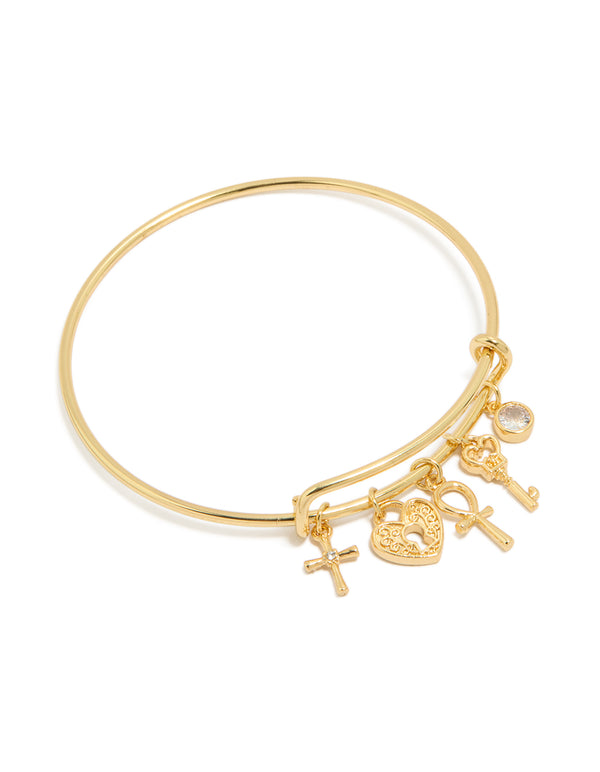 Gold Plated Cross & Heart Charms Bangle
