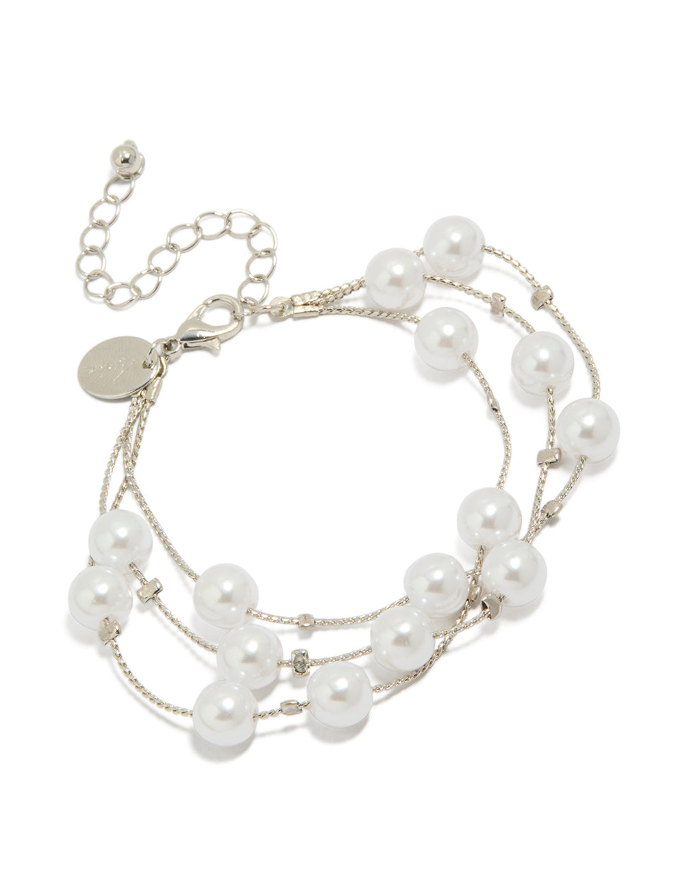 Showcasing a silver pearl layered bracelet with in white front view
