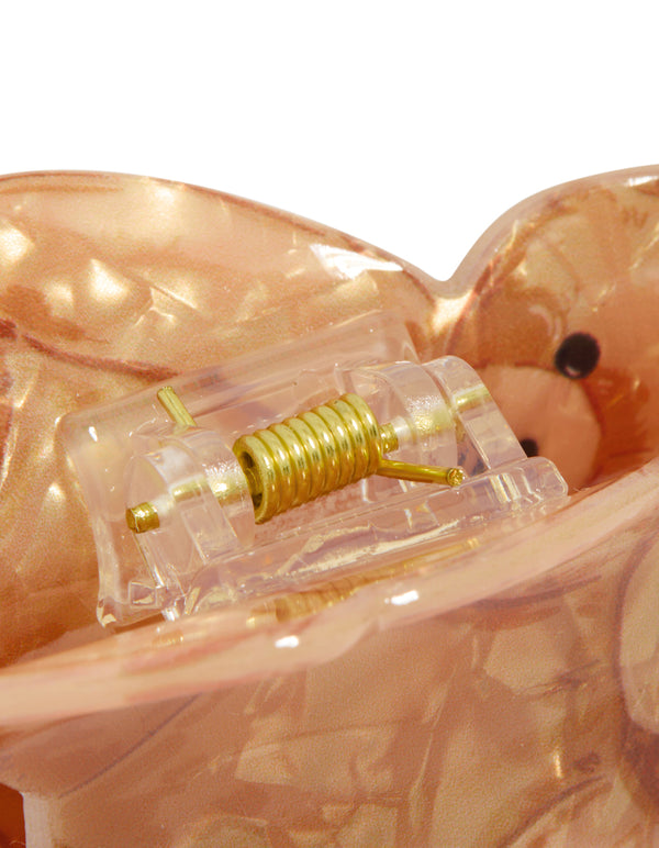 Adorable kids acrylic teddy bear claw clip and gold spring mechanism detail view