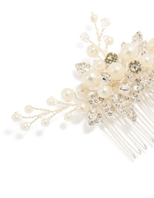 Elegant silver pearl and diamante leaf comb detail view