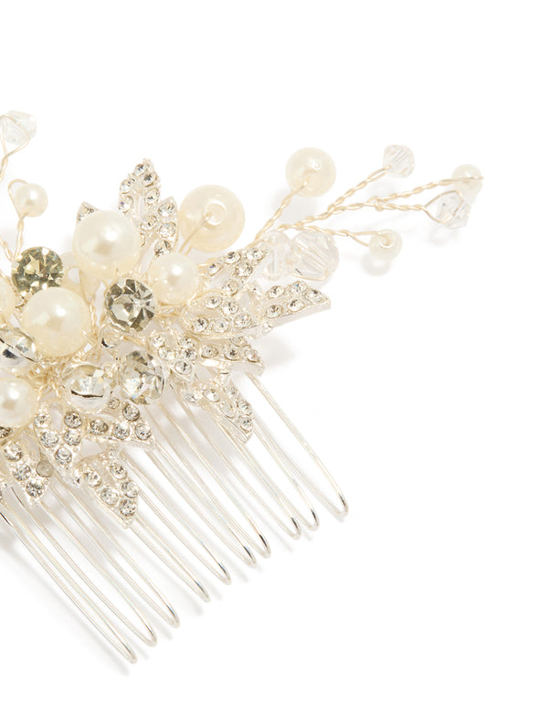 Elegant silver pearl and diamante leaf comb detail view