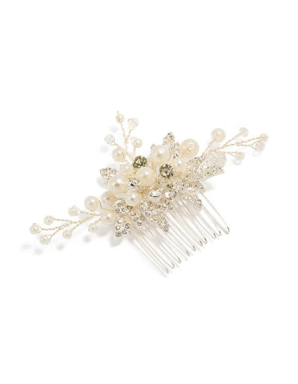 Discover this silver pearl and diamante leaf comb front view
