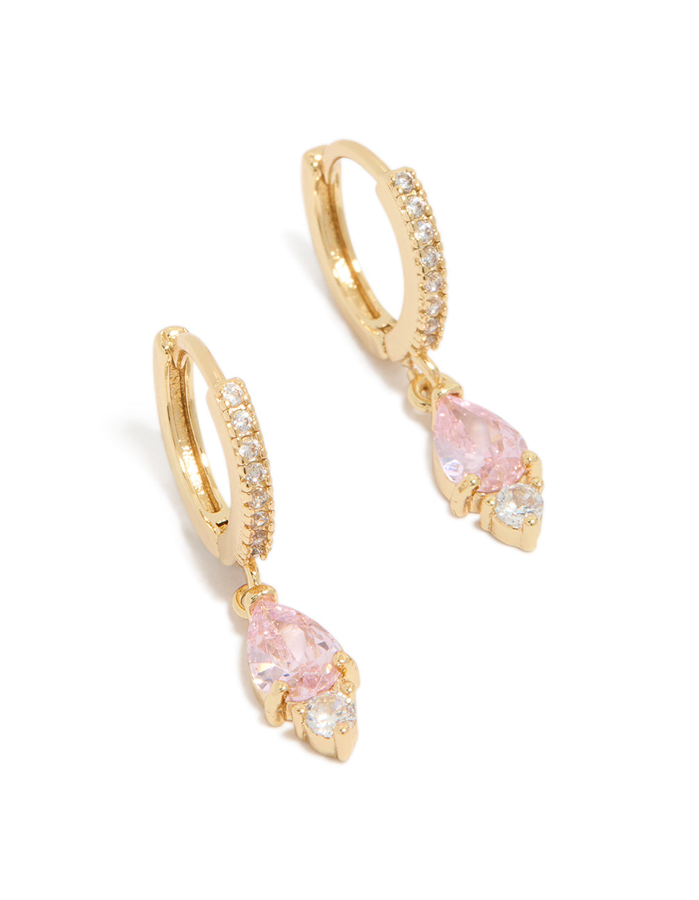 Dainty gold plated pink cubic zirconia huggie earrings in hoop style front view