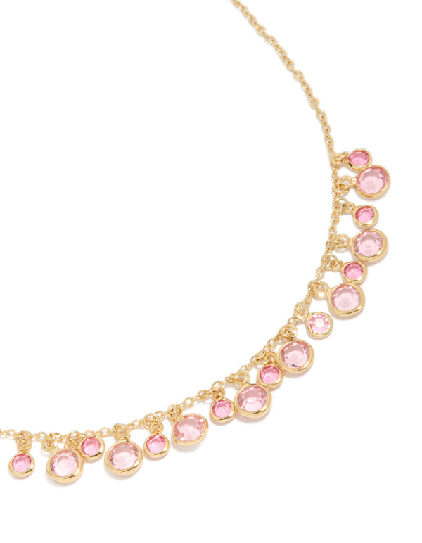 Gold Pink Cubic Zirconia Circles Charm Necklace