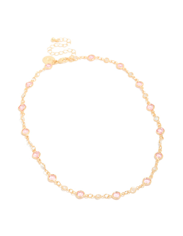 Gold Pink & Clear Cubic Zirconias Round Station Necklace