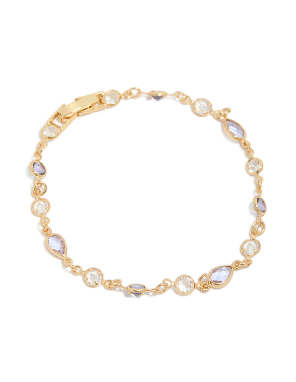 Beautifully crafted gold plated charm bracelet featuring purple and clear cubic zirconia in circle bezel settings front view