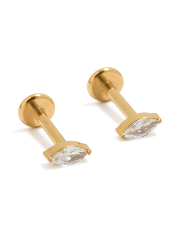 Gold Plated Surgical Steel Steel Cubic Zirconia Marquise Flat Back Studs