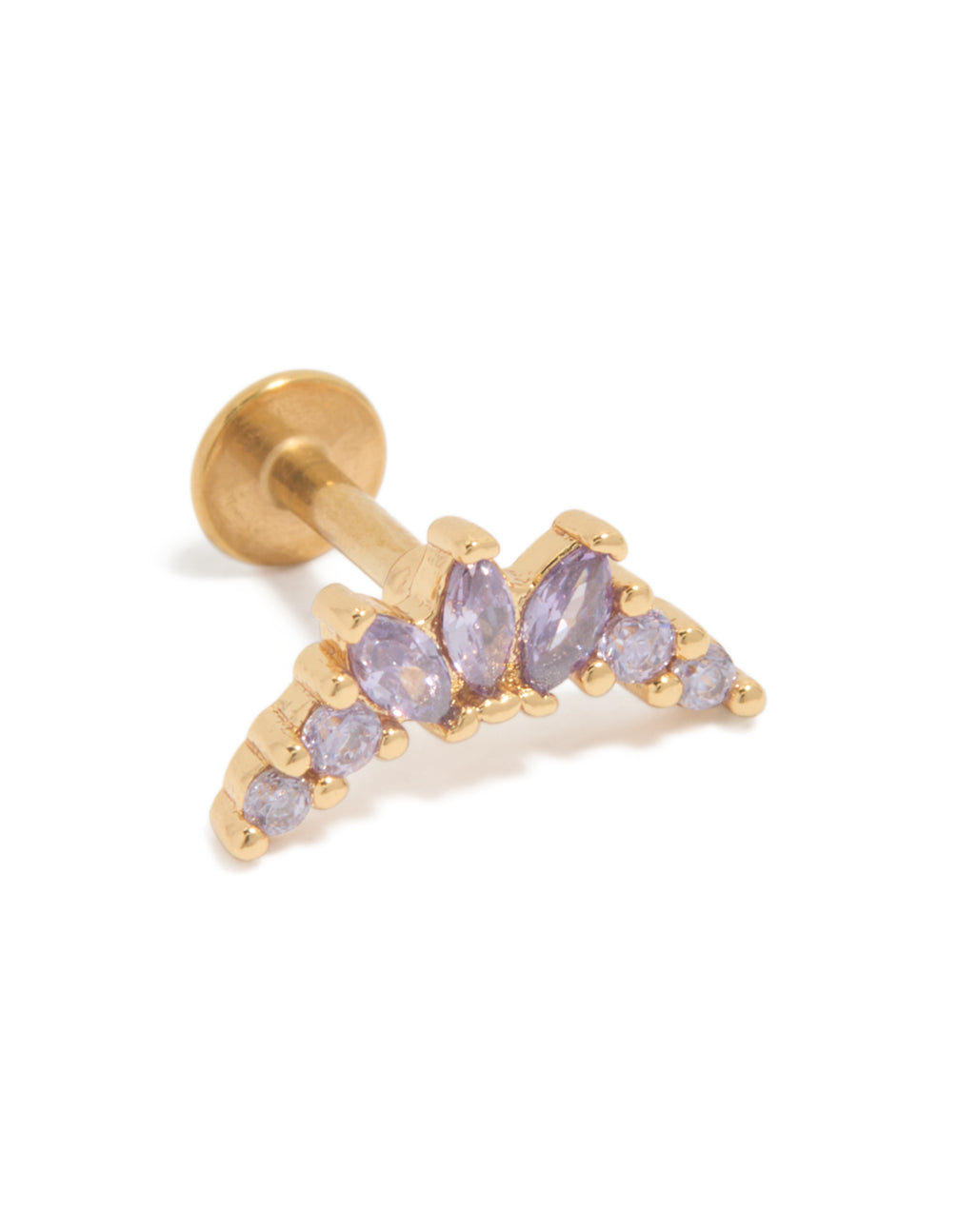 Featuring dainty stud earrings crafted from gold plated surgical steel with marquise cut purple cubic zirconia and flat back closure front view