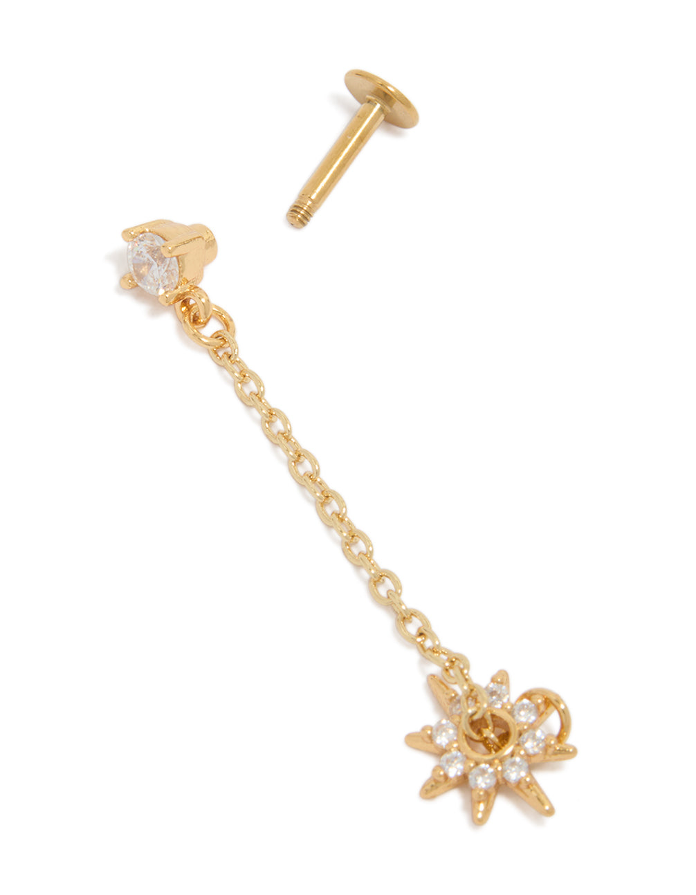 Highlighting celestial star with drop chain crafted from gold plated surgical steel featuring cubic zirconia and flat back stud post detail view