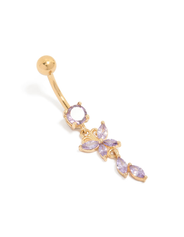 Gold Plated Surgical Steel Purple Cubic Zirconia Butterfly Leaf Drop Belly Bar