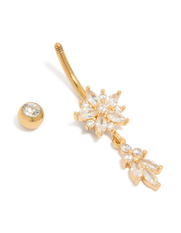 Gold Plated Surgical Steel Cubic Zirconia Large Flower & Leaf Belly Bar