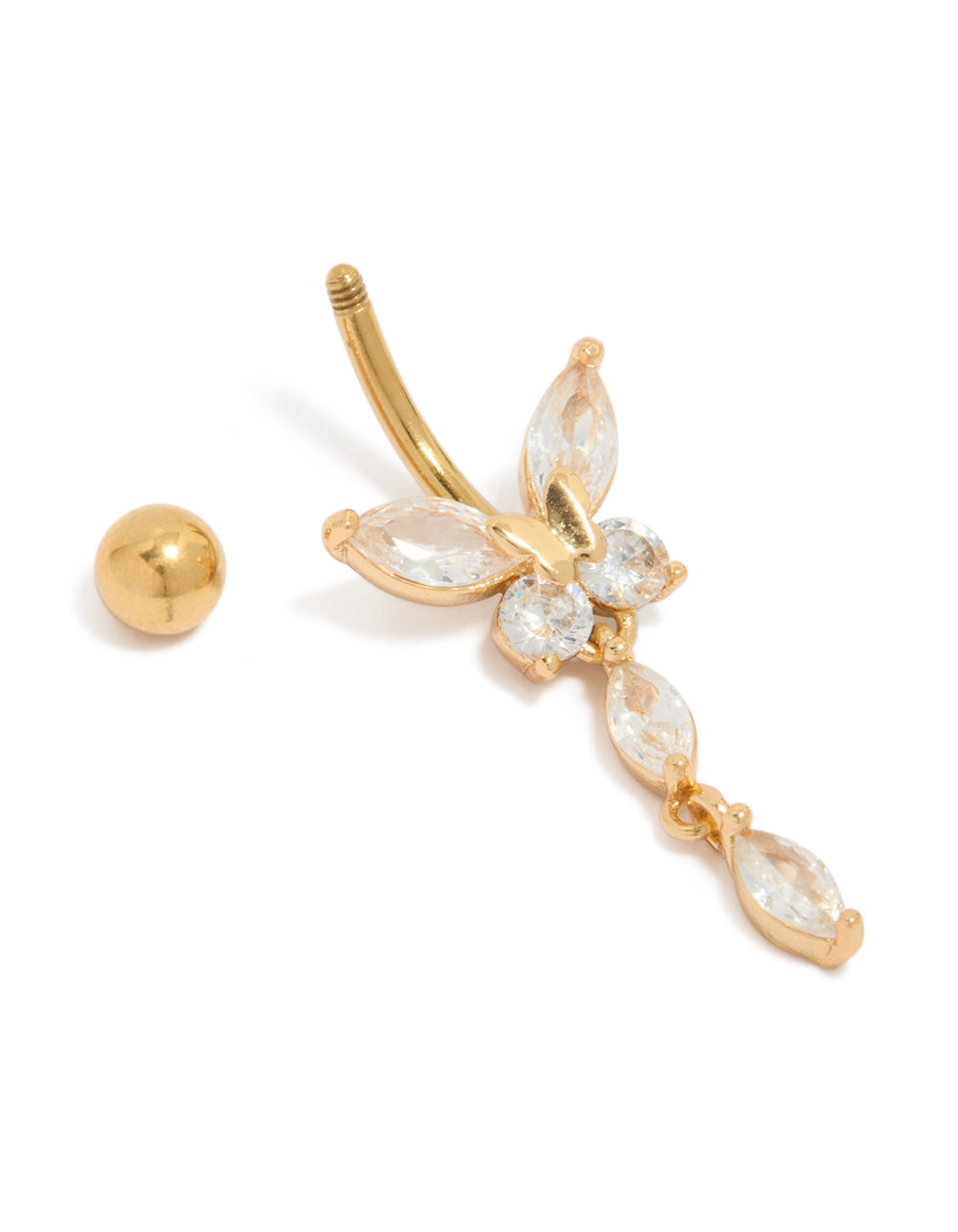 Crafted from surgical steel, this gold plated belly bar features a butterfly charm with marquise cut cubic zirconia and balls detail view