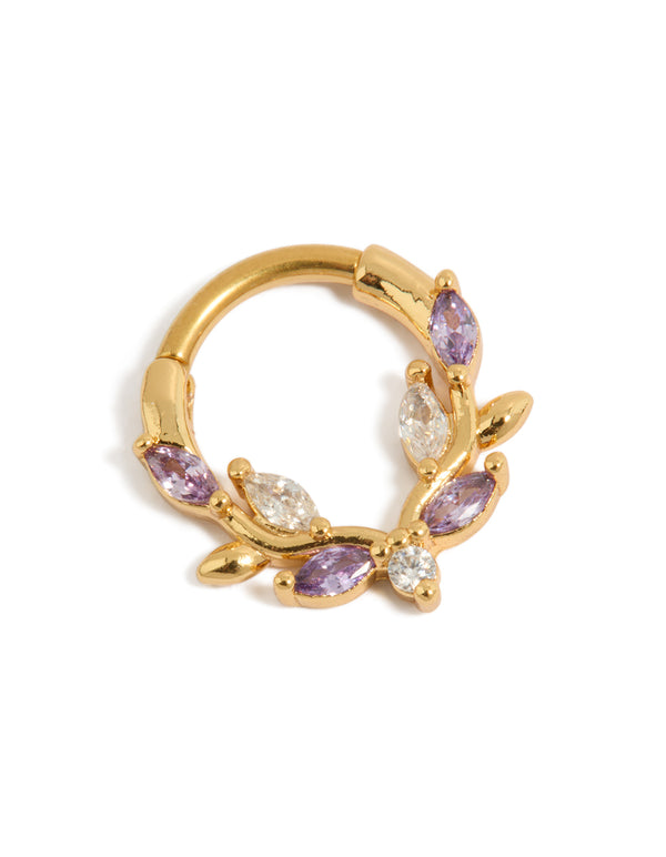 Showcasing a gold plated titanium purple and clear cubic zirconia vine clicker ring front view