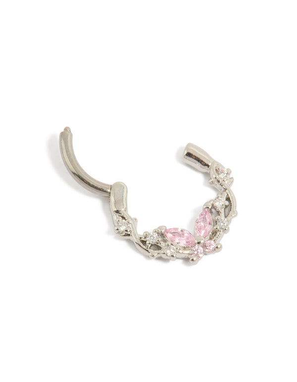 Highlighting a butterfly titanium clicker ring with pink cubic zirconia in silver, light pink, and clear detail view