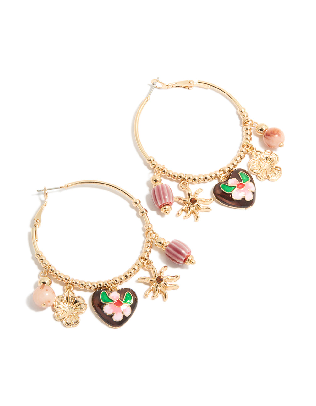Showcasing gold brown heart and sun charm hoop earrings with beads, celestial details, floral accents, and striped pattern front view