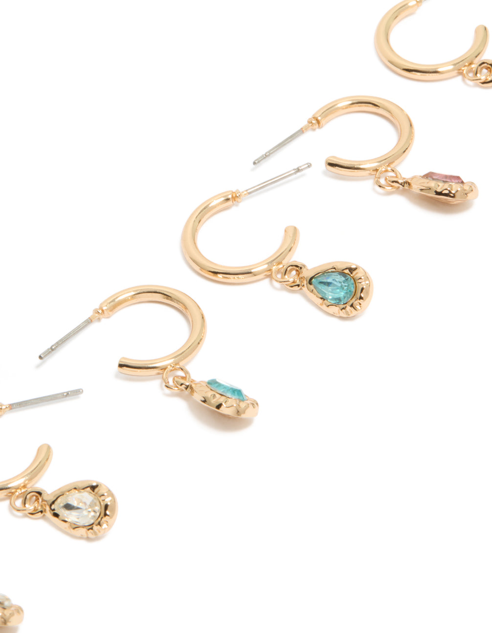 Crafted with gold blue and pink diamante huggie earrings in a 3-pack close up view