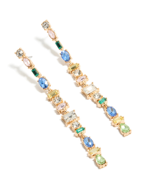 Stunning statement long drop earrings in gold featuring blue, green, and clear diamantes with oval stone cut front view