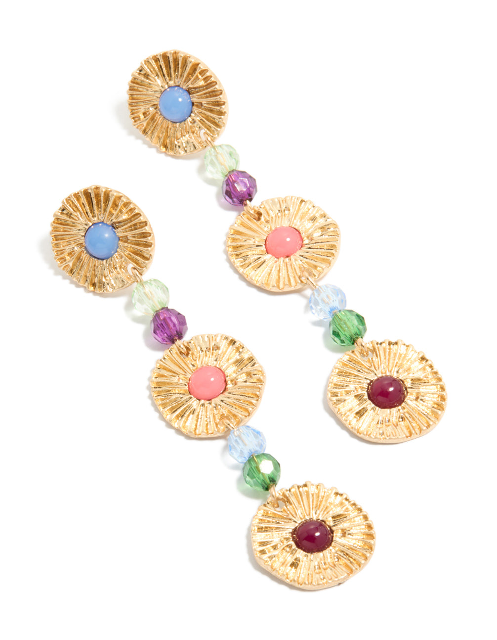Beautifully crafted gold round disc and multicoloured bead drop earrings with statement style front view