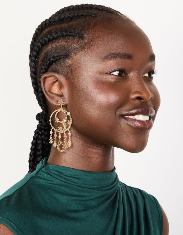 Gold Pink & Clear Diamantes Celestial Circle Drop Earrings