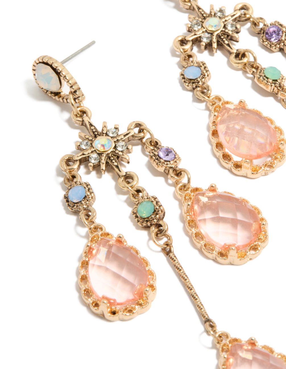 Highlighting long drop earrings with celestial star charms and irregular pink teardrop diamantes , featuring stud closure, statement style close up view