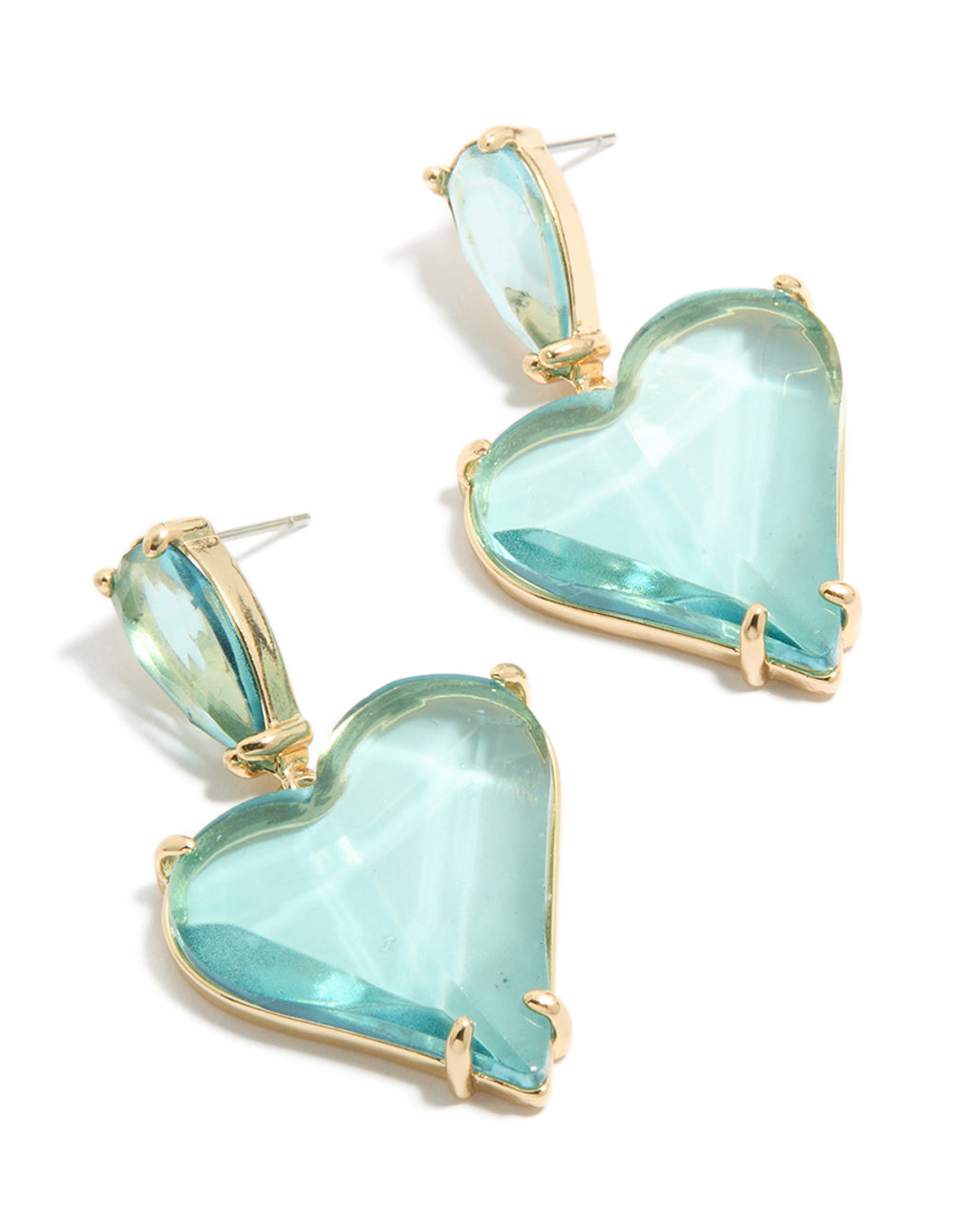 Showcasing statement drop earrings with heart design in blue glass stone and gold finish front view