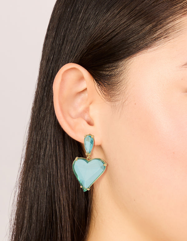 Gold Blue Glass Stone Heart Drop Earrings