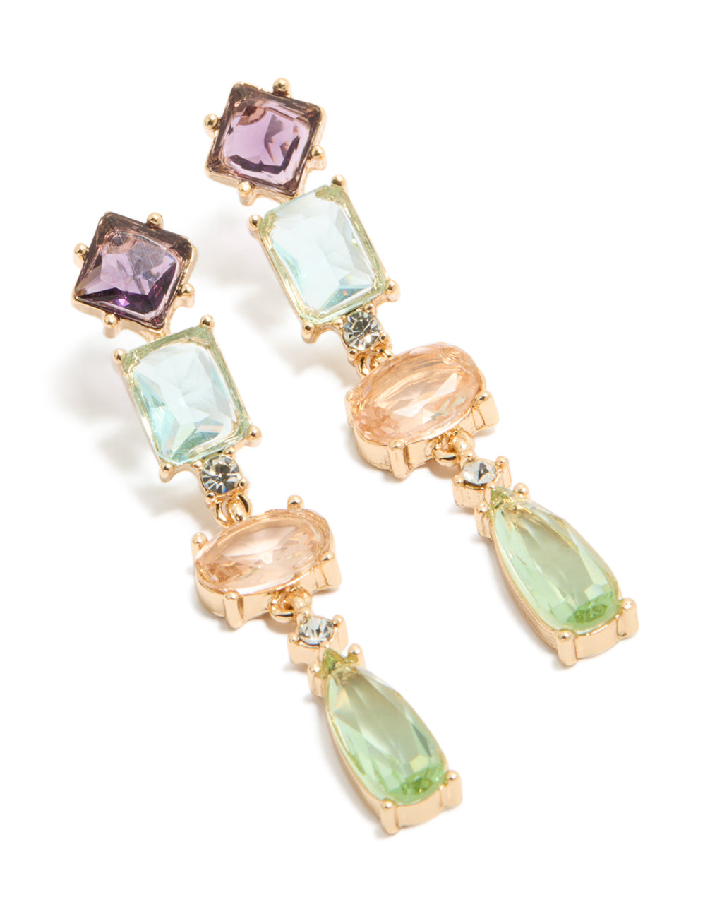 Showcasing gold irregular shaped purple and blue diamantes drop earrings in statement style front view