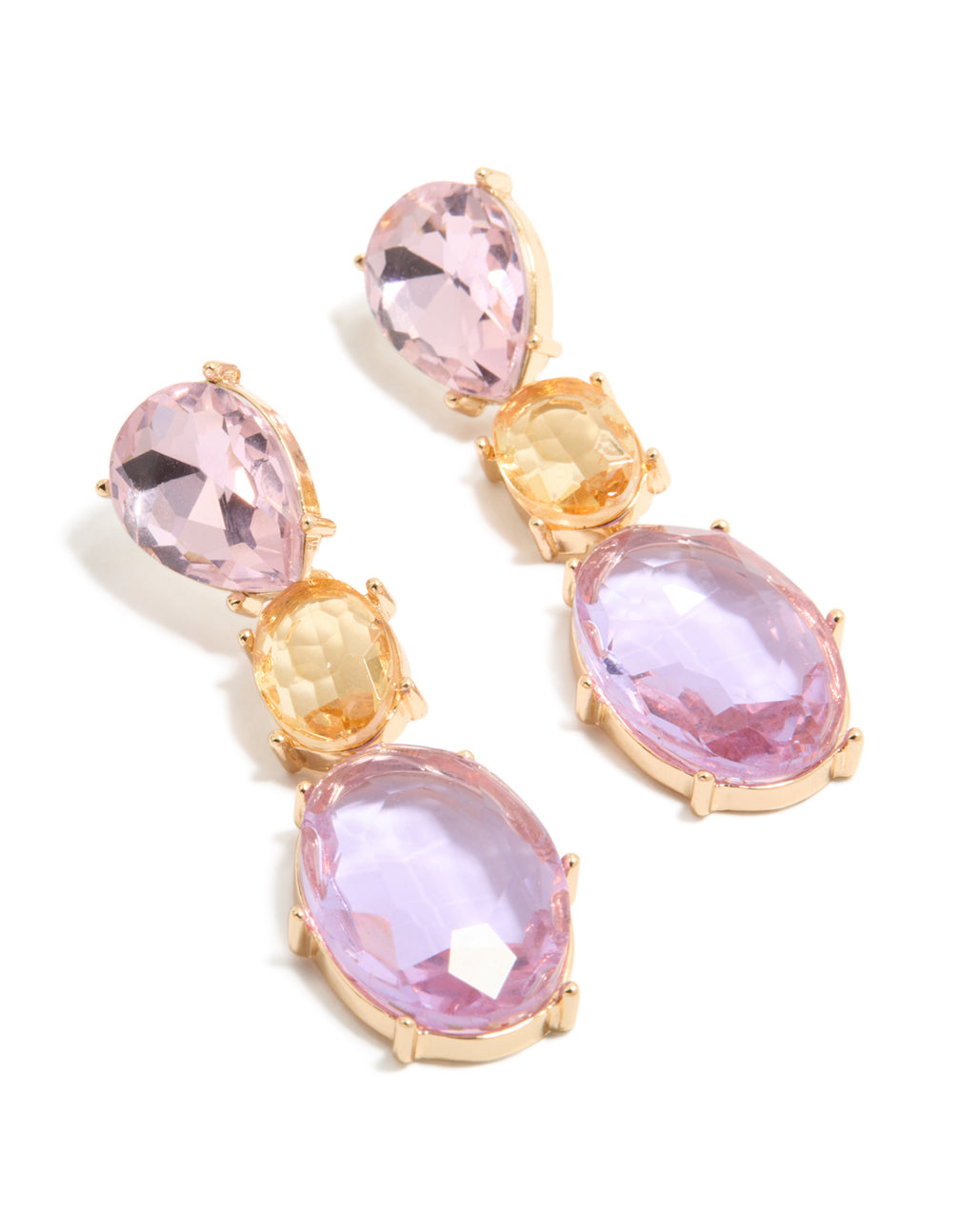 Showcasing statement drop earrings with oval cut stones in purple and orange hues set in gold front view
